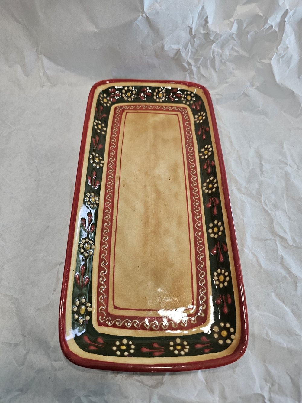 Mexico Art Pottery Floral Rectangular Ceramic Tray, Glossy